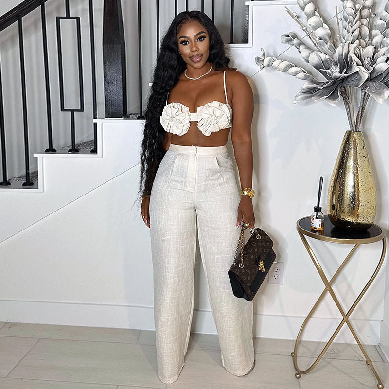 Floral Two-Piece Crop Top and Wide-Leg Pants Set