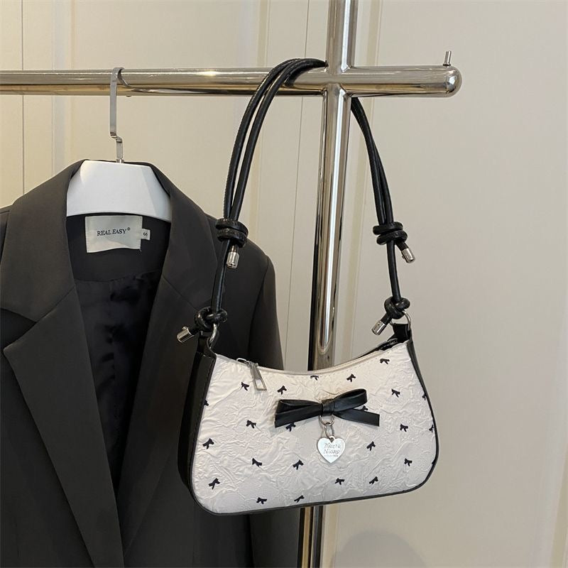 Korean Sweet Style Seersucker Bow Underarm Bag – Elegant Black & Pink Contrast Shoulder Crossbody