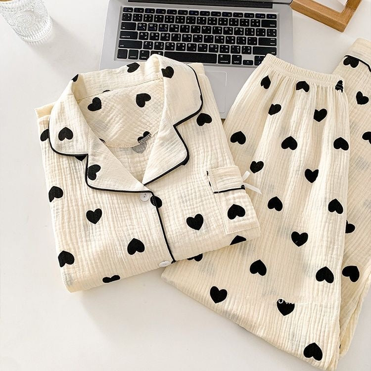 Trending Spring & Autumn Women’s Pajamas Set – Long Sleeve, Long Pants, Loose Fit with Heart Detail, Wearable as Casual Loungewea