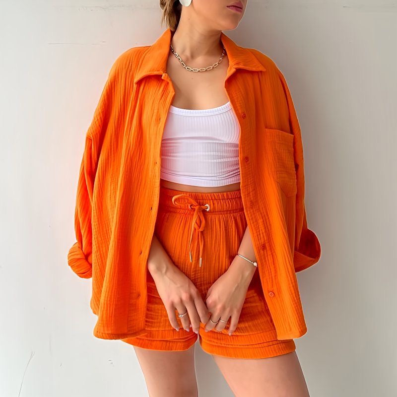 Women's Fashion Set – Wrinkled Collar Long Sleeve Shirt & High-Waisted Drawstring Shorts"