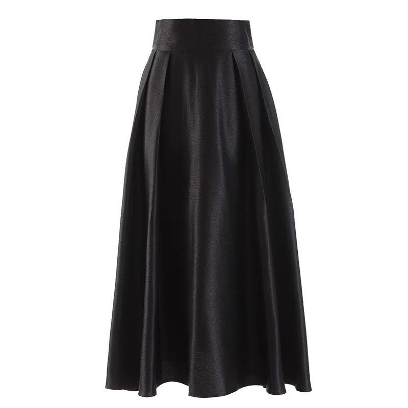 Hepburn-Style Black Satin Midi Skirt for Women – High-Waisted, Vintage Tie-Waist A-Line Puff Skirt with Pockets