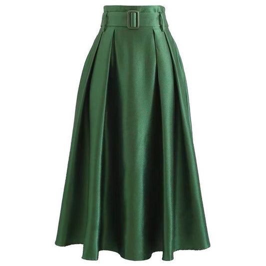 Hepburn-Style Black Satin Midi Skirt for Women – High-Waisted, Vintage Tie-Waist A-Line Puff Skirt with Pockets