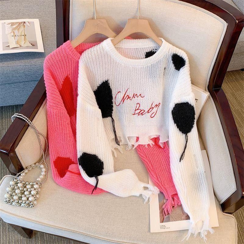 Heart Letter Chic Sweater for Women – 2023 Spring Collection, Loose Fit, Cropped, Distressed Tassel Long Sleeve Knit