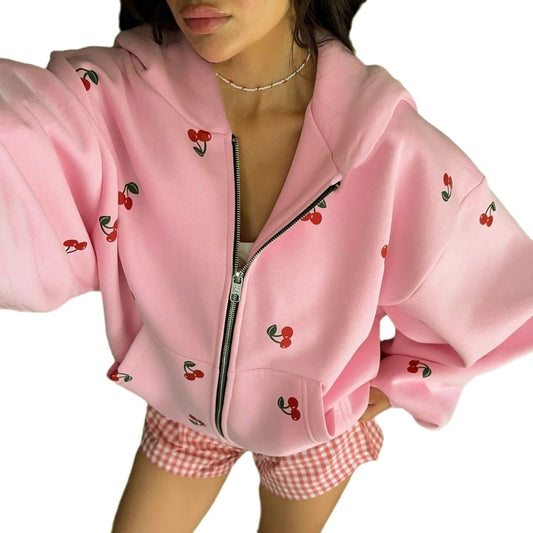 Cherry Print Hoodie Sweatshirt for Women, Autumn Street Style, European and American Fashion, Loose-Fit Versatile Sports Hoodie