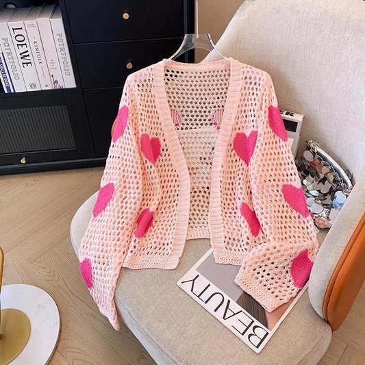 Heart Embroidery Hollow Knit Cardigan for Women – Summer Lightweight, Sweet and Elegant, Sun Protection, Long Sleeve