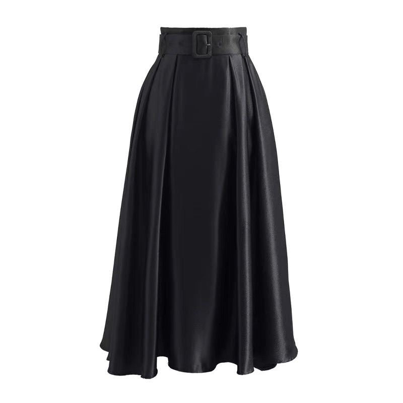 Hepburn-Style Black Satin Midi Skirt for Women – High-Waisted, Vintage Tie-Waist A-Line Puff Skirt with Pockets