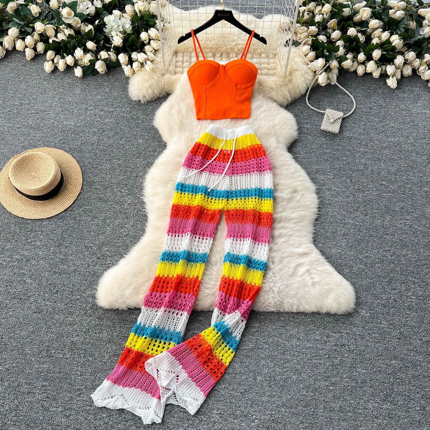 Pure and Elegant Style Spaghetti Strap Bustier + Hollow Crochet High-Waist Slimming Colorful Striped Knit Pants Summer Set for Women