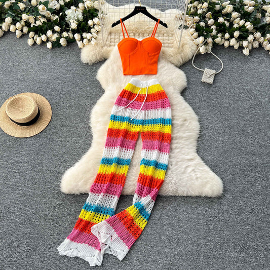 Pure and Elegant Style Spaghetti Strap Bustier + Hollow Crochet High-Waist Slimming Colorful Striped Knit Pants Summer Set for Women