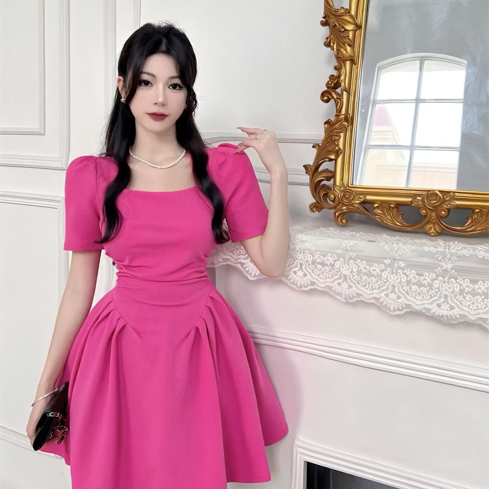 2024 New Summer French Style Dress – Waist-Cinching Pleated Puff Sleeve Square Neck A-Line Mini Dress