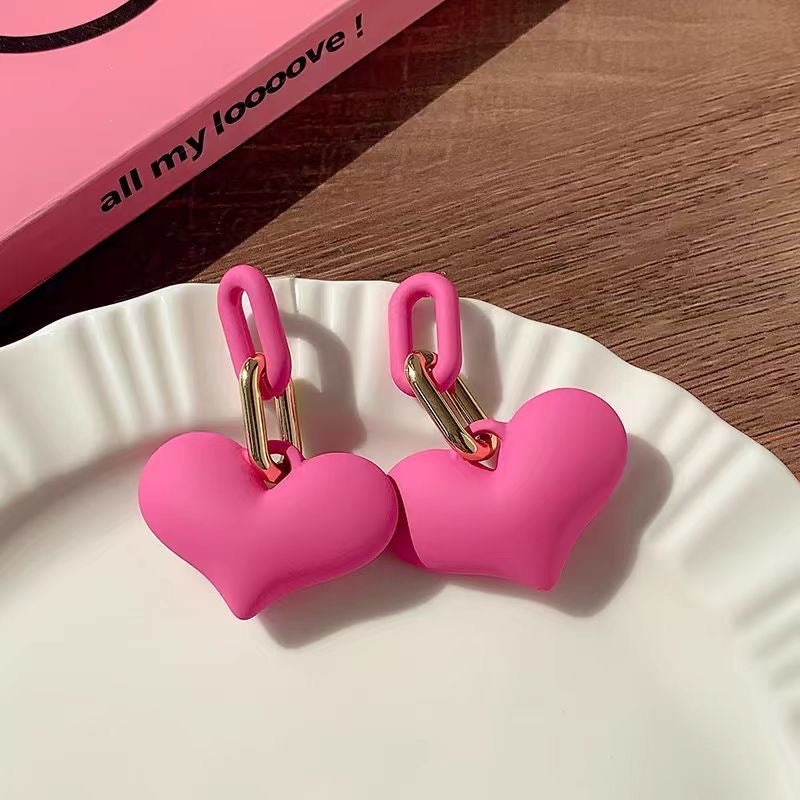 Rose Pink 3D Heart-Shaped Statement Earrings – Sweet and Bold, Slimming, Barbie-Inspired Design
