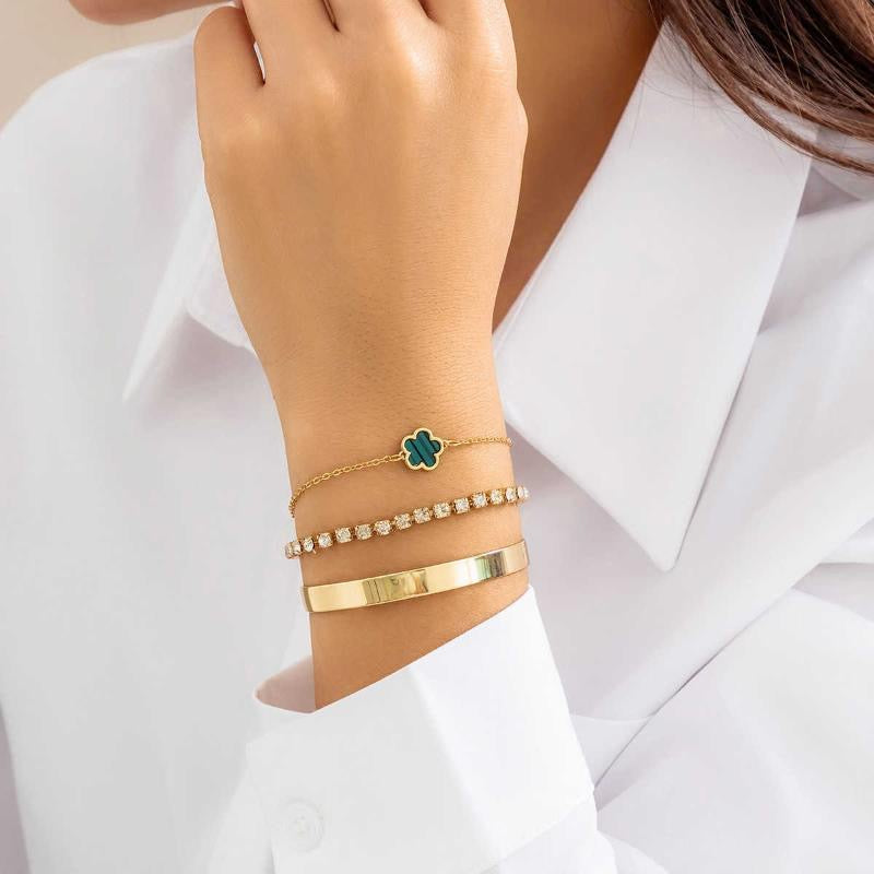 Rhinestone Clover Chain Bracelet – Simple Geometric Smooth Bangle