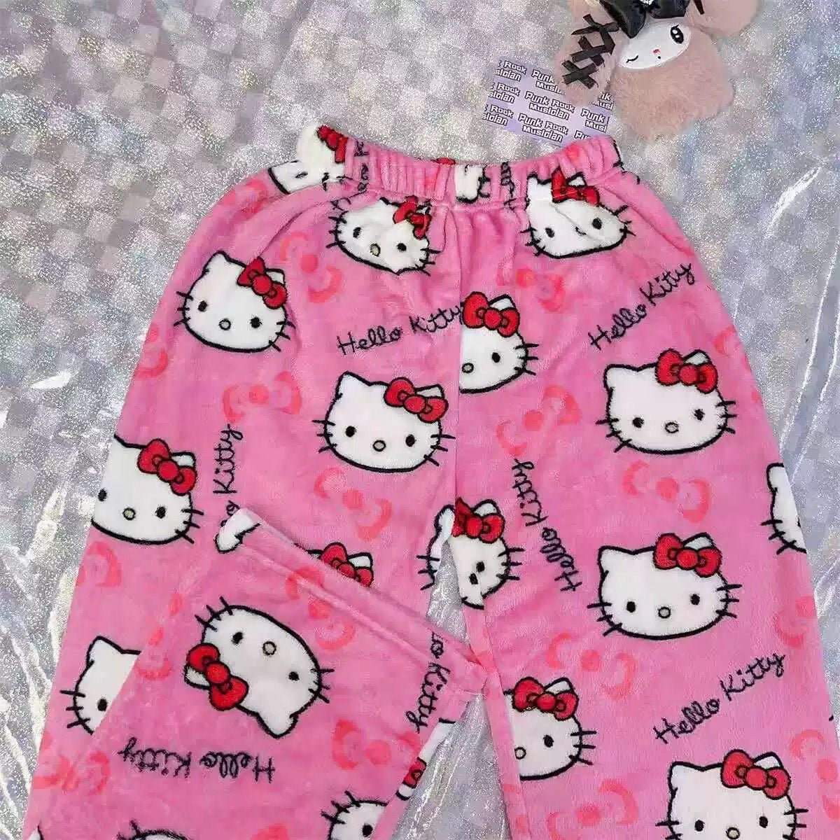 Hello Kitty Cute Women's Kitty Cat Coral Fleece Cartoon Warm Pajama Pants for Home and Casual Outing