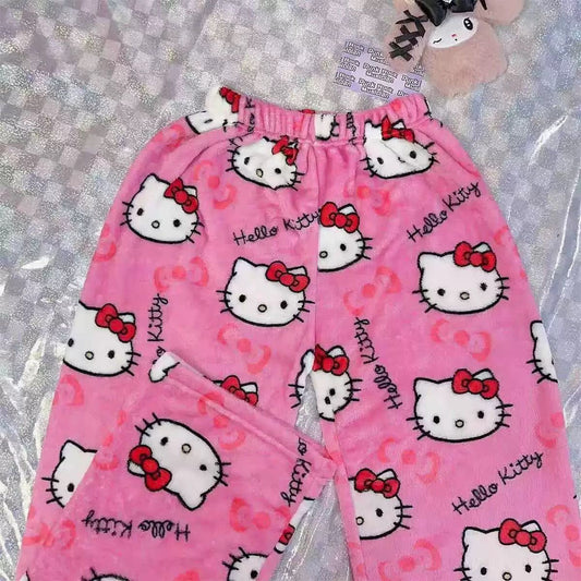 Hello Kitty Cute Women's Kitty Cat Coral Fleece Cartoon Warm Pajama Pants for Home and Casual Outing
