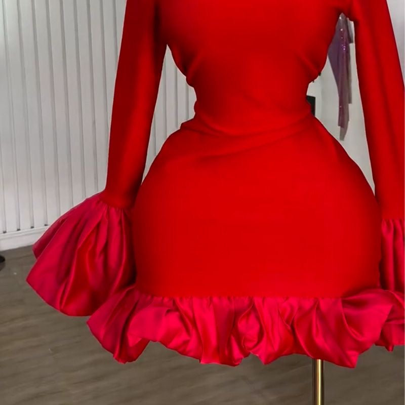 Red Ruffle Sleeve Bodycon Dress