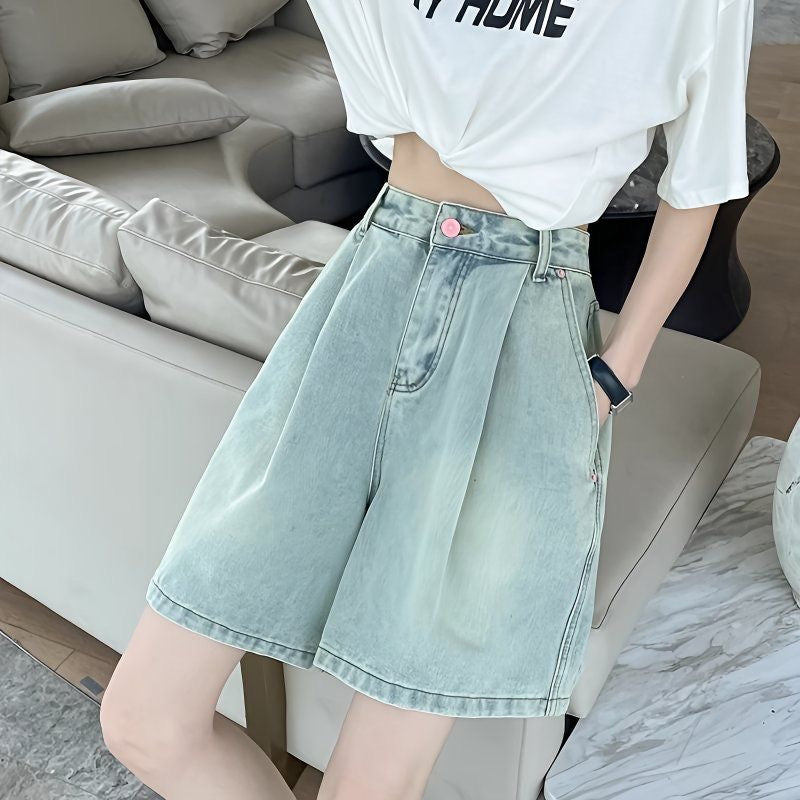Women’s High-Waisted Denim Shorts – 2025 Summer New Loose Fit A-Line 5-Inch Wide-Leg Mid-Length Shorts for Petite Girls
