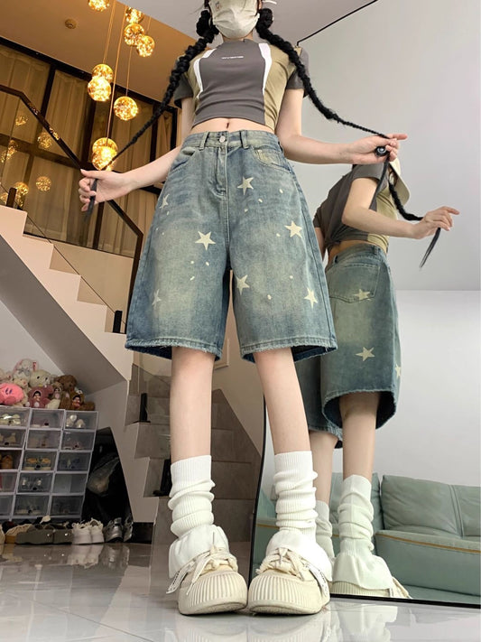 Women’s Vintage Star Print Denim Shorts – High-Waisted Loose Fit 5-Inch Wide-Leg Straight Shorts, American Retro Summer Style