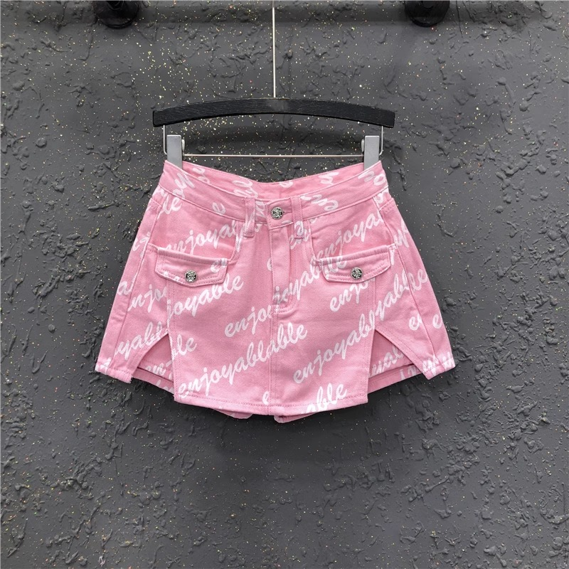 Rose Pink High-Waisted Faux Two-Piece Denim Skirt Shorts for Women – 2022 New Summer Fashion A-Line Trendy Hot Pants