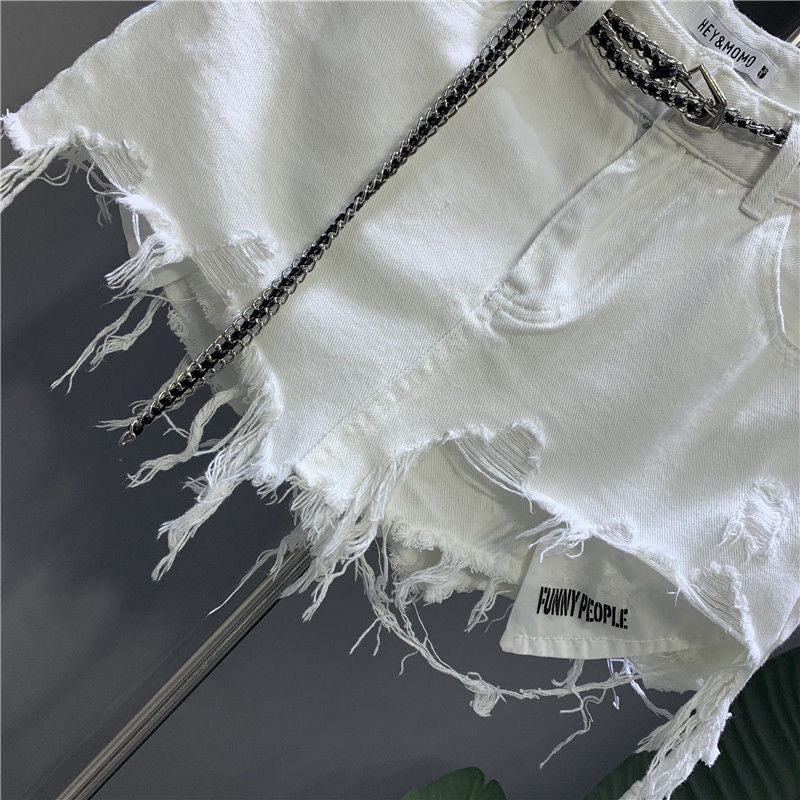 2025 Spring/Summer White Frayed Irregular Denim Skirt for Women – Anti-Exposure, Distressed Pocket Short Skirt with Ripped Details