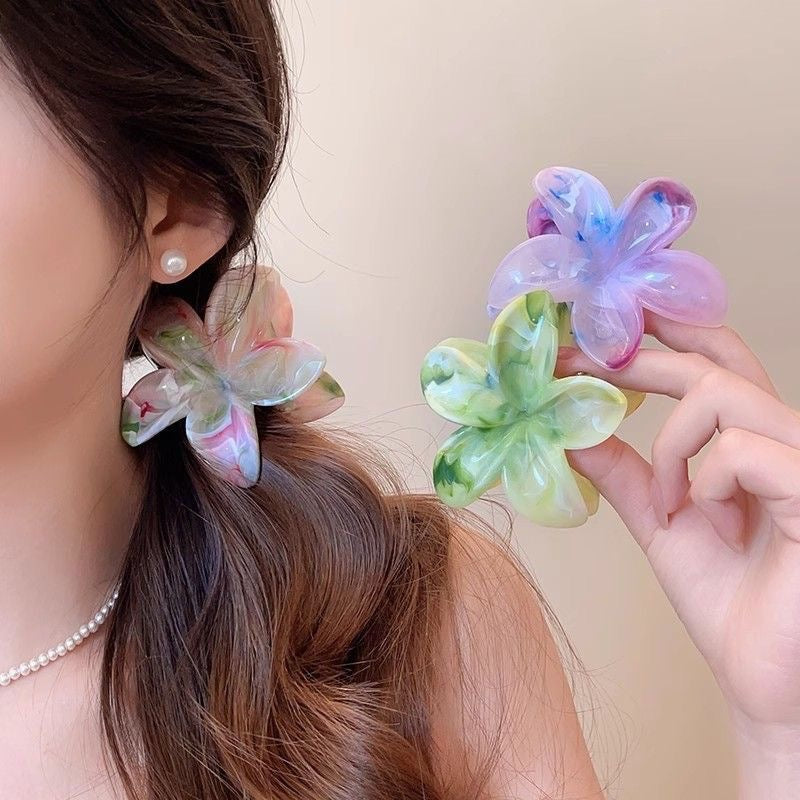 2025 Summer Ice Transparent Plumeria Claw Clip Shark Clip Sweet Marble Hair Accessory