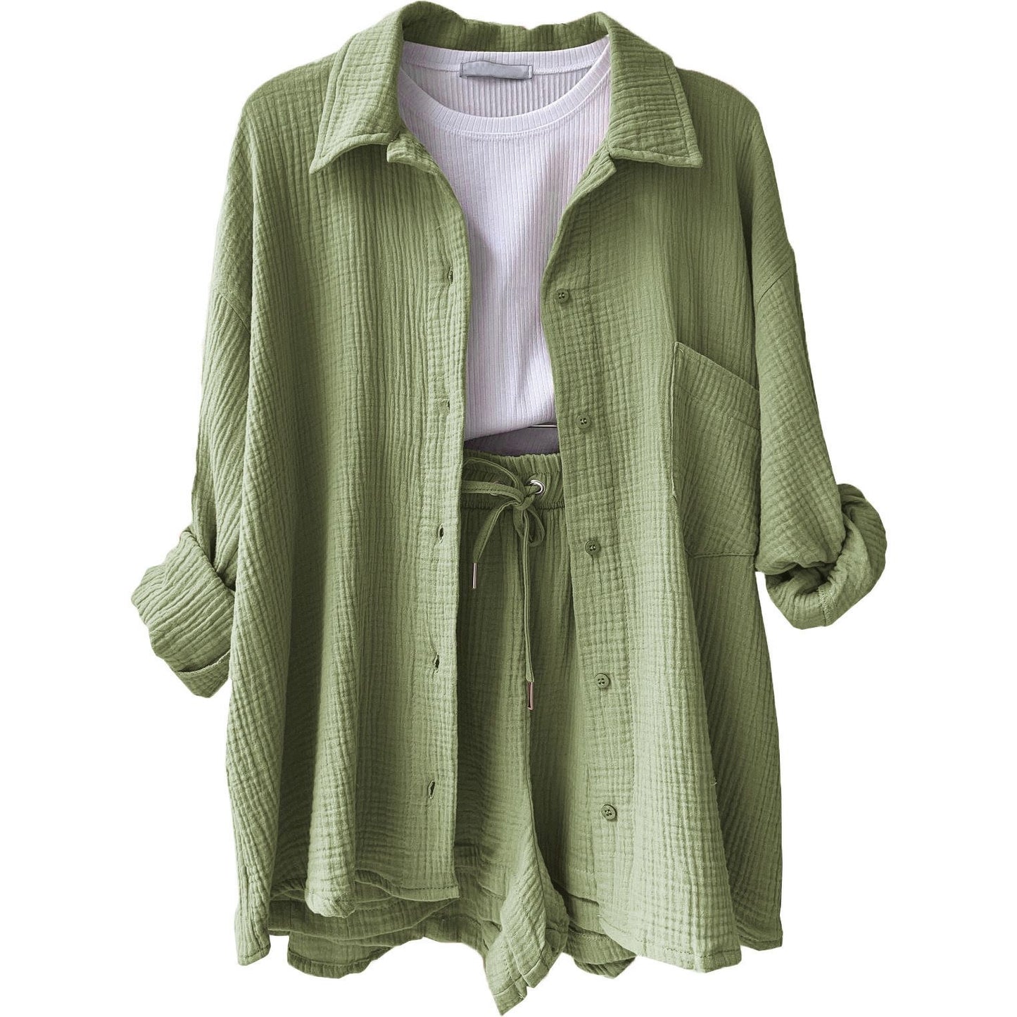 Women's Fashion Set – Wrinkled Collar Long Sleeve Shirt & High-Waisted Drawstring Shorts"