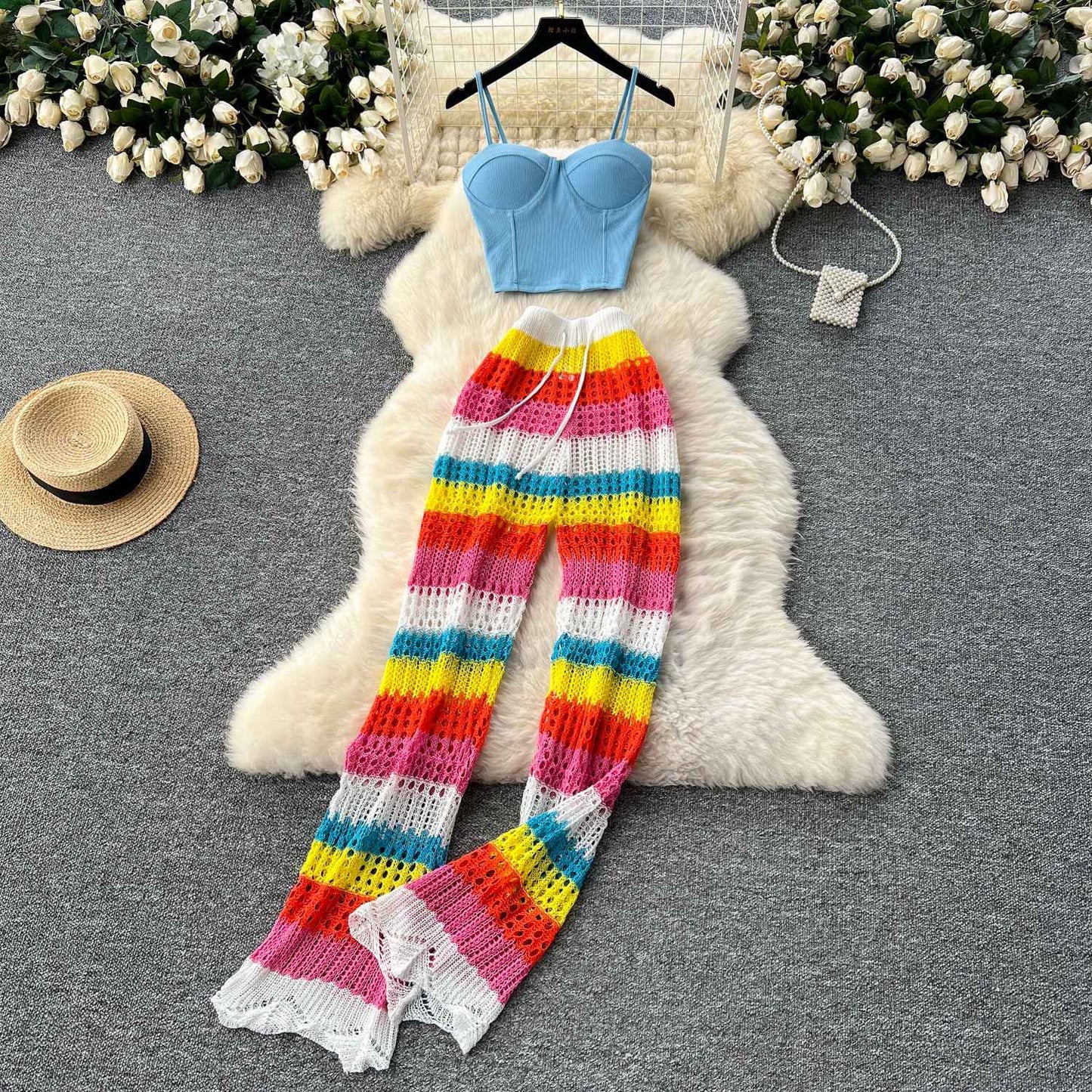 Pure and Elegant Style Spaghetti Strap Bustier + Hollow Crochet High-Waist Slimming Colorful Striped Knit Pants Summer Set for Women