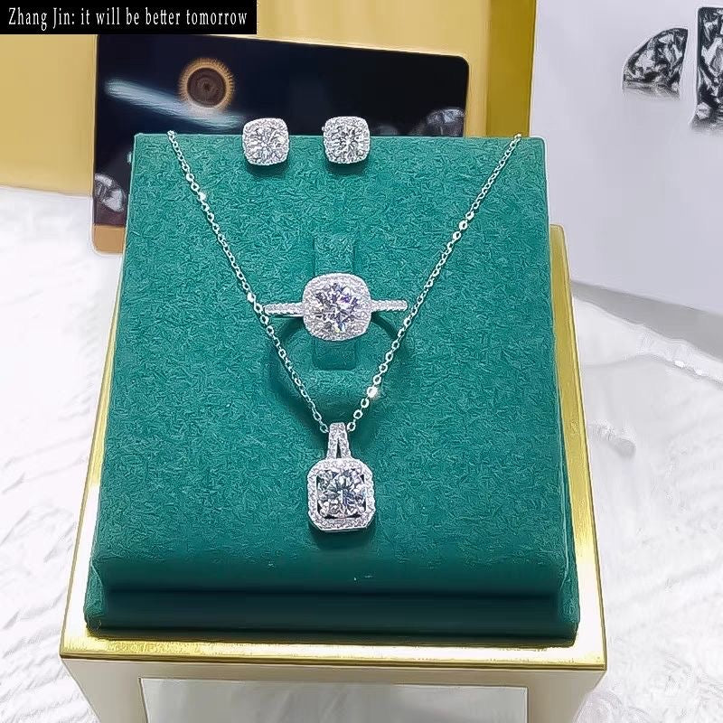 Moissanite Ring Set with Necklace Pendant & Earrings - Luxury 3-Piece Jewelry Set for Women - 2024 New Trend