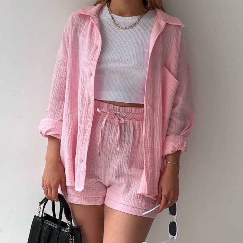 Women's Fashion Set – Wrinkled Collar Long Sleeve Shirt & High-Waisted Drawstring Shorts"