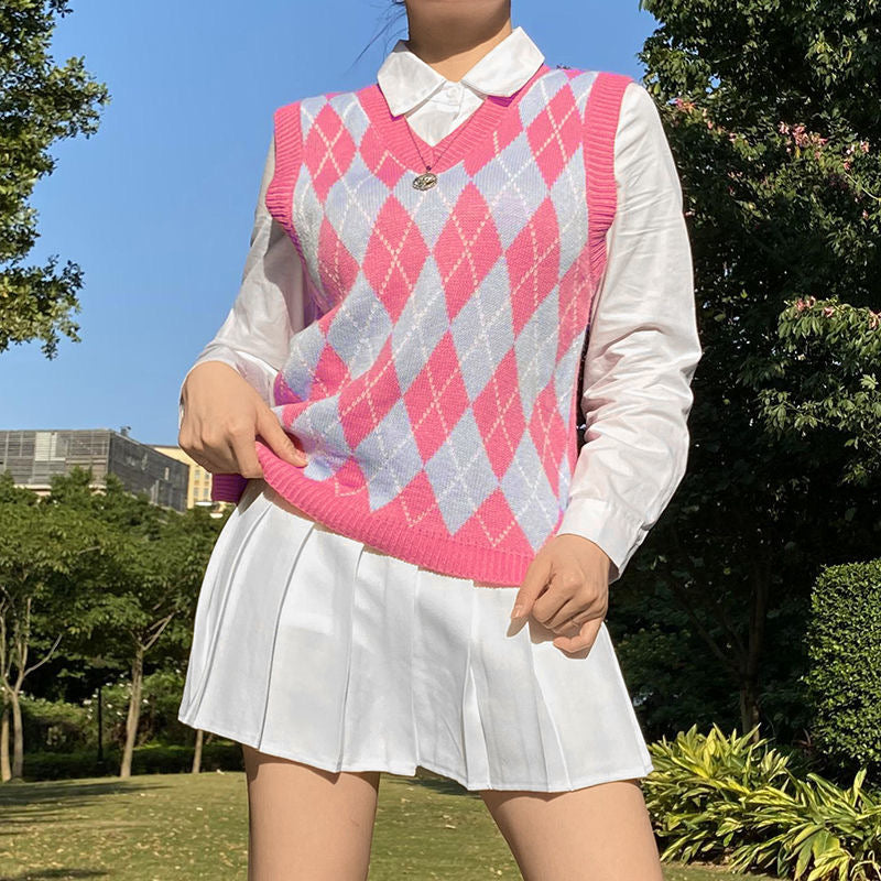 IAMSURE Preppy Color-Block Argyle Knit Sweater Vest for Women, V-Neck, Loose-Fit, Slimming, Layered Lazy Top