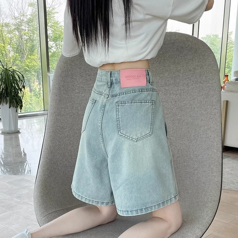 Women’s High-Waisted Denim Shorts – 2025 Summer New Loose Fit A-Line 5-Inch Wide-Leg Mid-Length Shorts for Petite Girls