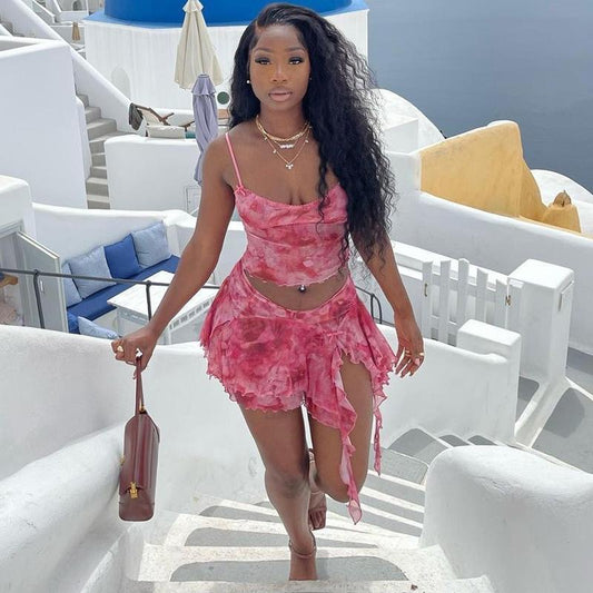 European and American Style Fashion – Printed Spaghetti Strap Crop Top and Split Midi Skirt Two-Piece Set for Trendy Women