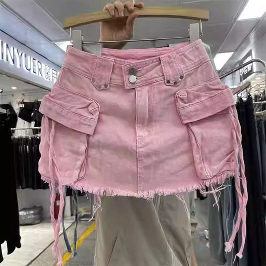 Pink High-Waist Cargo Denim Mini Skirt – 2024 Summer Hot Trend