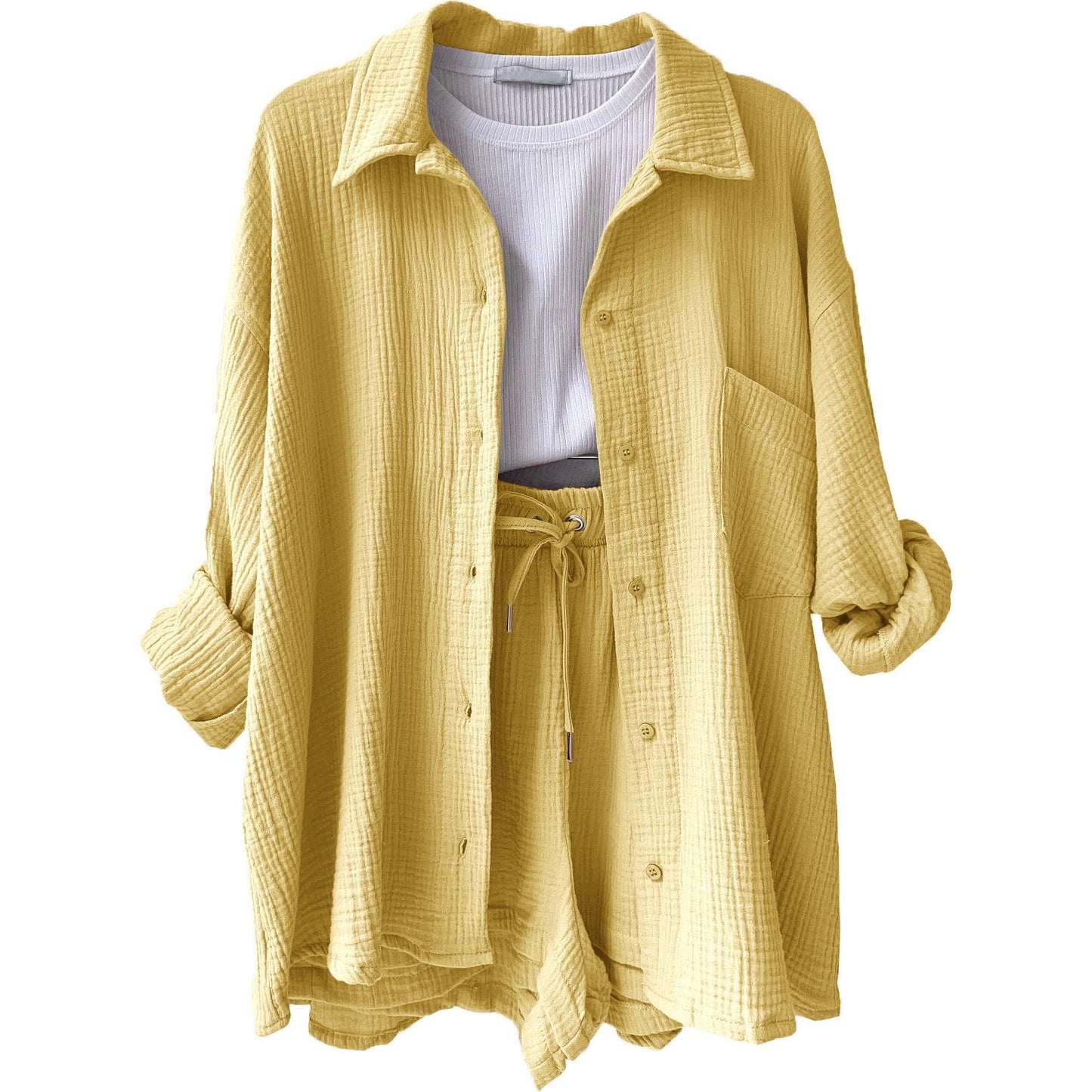 Women's Fashion Set – Wrinkled Collar Long Sleeve Shirt & High-Waisted Drawstring Shorts"