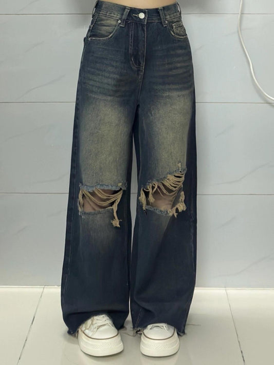 Women’s High-Waisted Distressed Jeans – 2024 Summer New American High Street Style, Loose Fit Flattering Full-Length Denim Pants