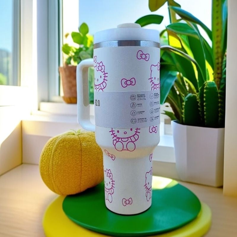 Cartoon Pattern 2nd Generation 40oz Stainless Steel Universal Car Travel Thermos Cup with Anti-Drop Rotating Lid and Straw