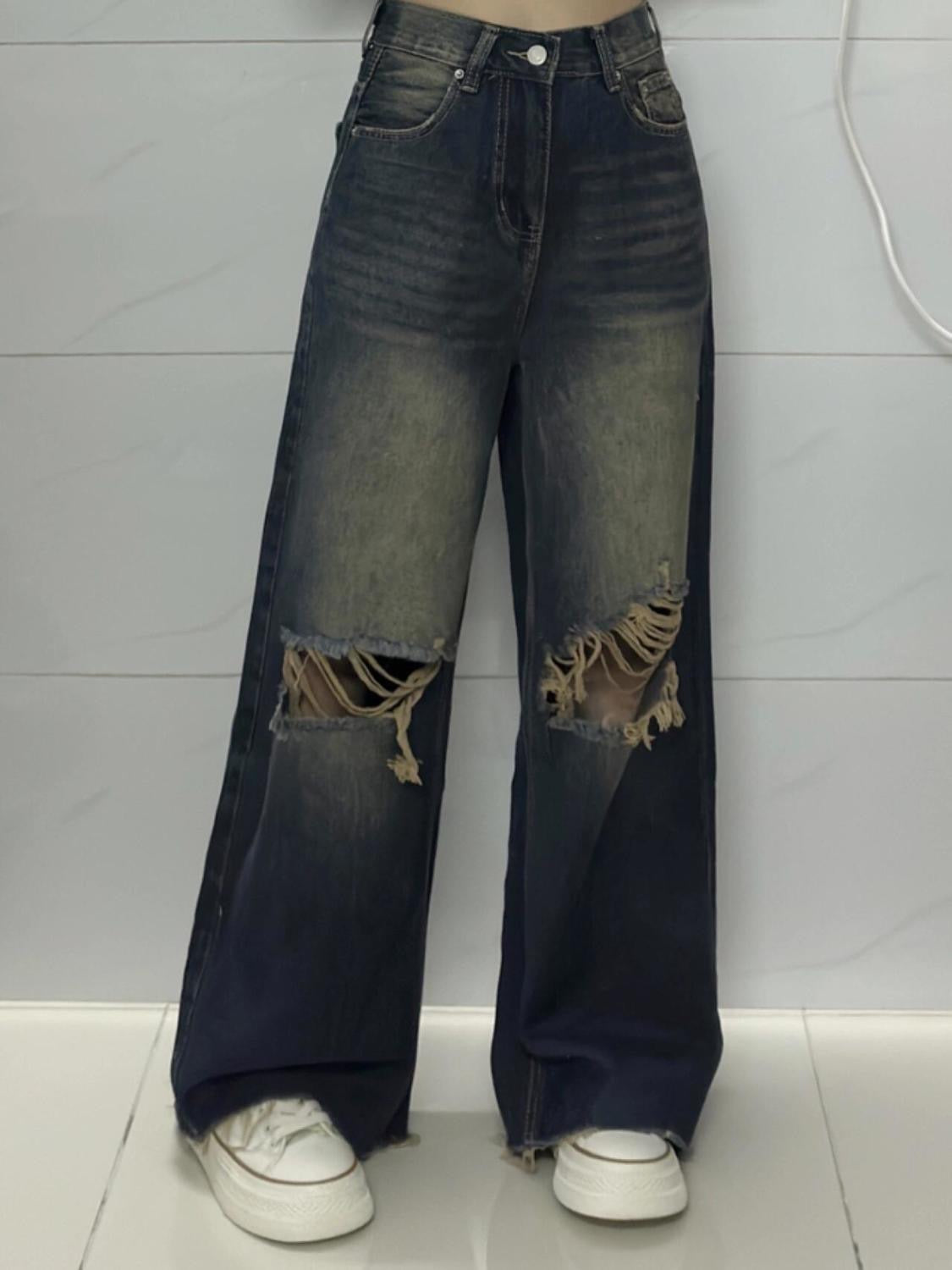 Women’s High-Waisted Distressed Jeans – 2024 Summer New American High Street Style, Loose Fit Flattering Full-Length Denim Pants