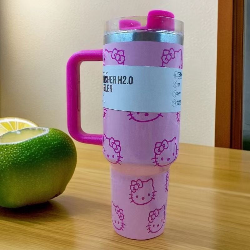 Cartoon Pattern 2nd Generation 40oz Stainless Steel Universal Car Travel Thermos Cup with Anti-Drop Rotating Lid and Straw