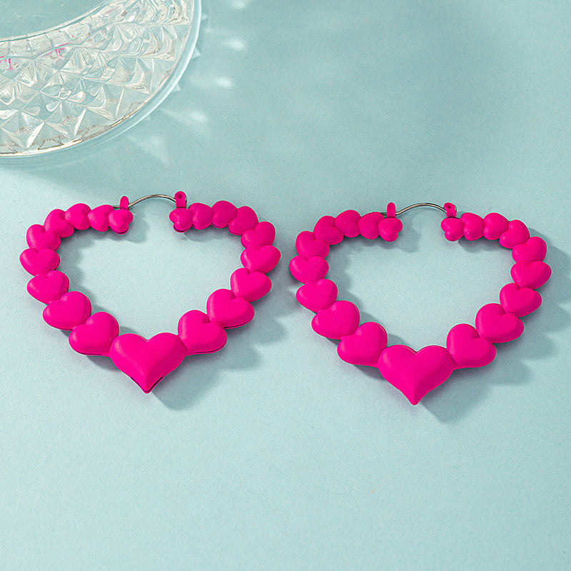 Heart-Shaped Fuchsia Earrings, Exaggerated Dragon Fruit Pink, Japanese-Inspired Unique Design Cute Ear Accessories for Women