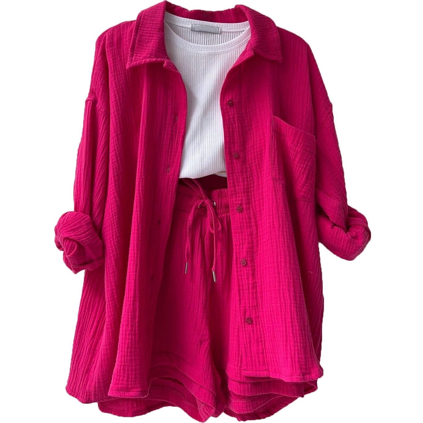 Women's Fashion Set – Wrinkled Collar Long Sleeve Shirt & High-Waisted Drawstring Shorts"